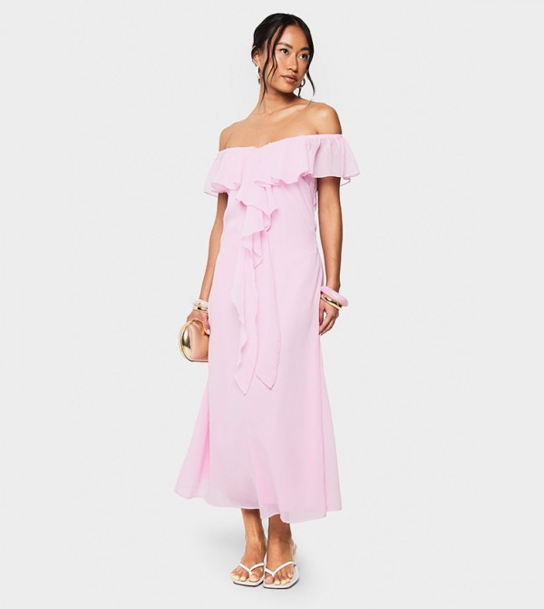 Chiffon Bardot Ruffled Midaxi Dress