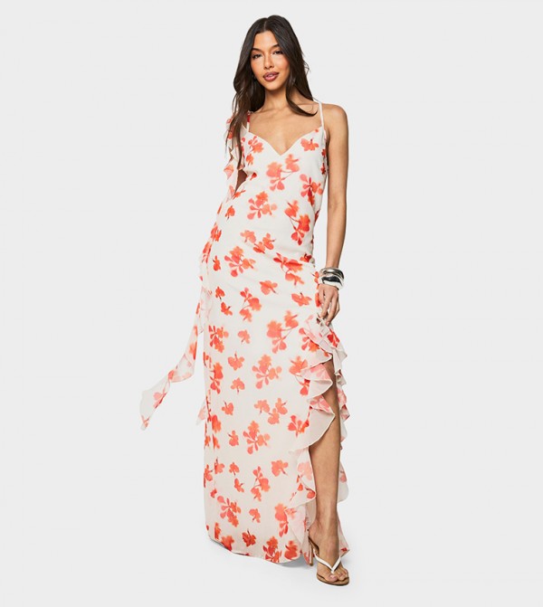 Floral Cowl Neck Backless Maxi Dress