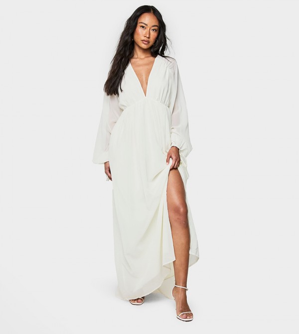 Chiffon V-Neck Ruched Maxi Dress
