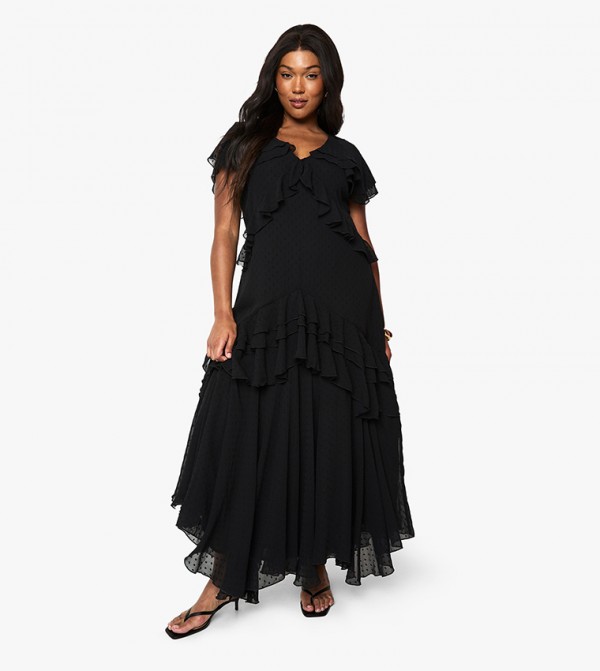 Curve Dobby Chiffon Frill Detail Maxi Dress