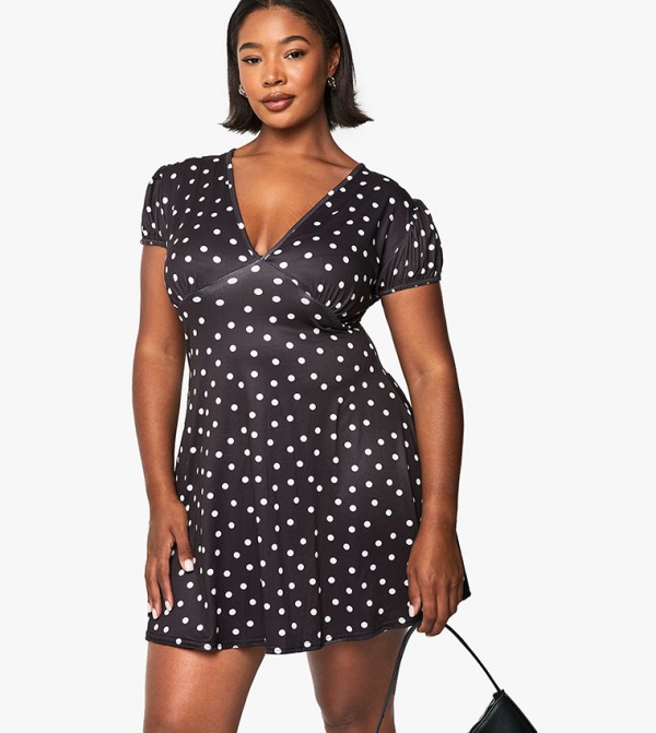 Curve Polka Dot Drop Hem Mini Skater Dress