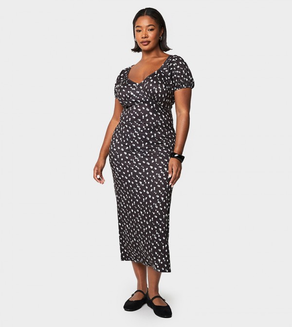 Curve Blurred Polka Dot Puff Sleeves Midaxi Dress
