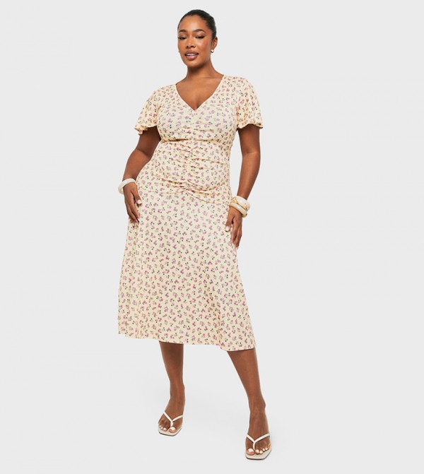 Curve Printed Rouched Midaxi Dress