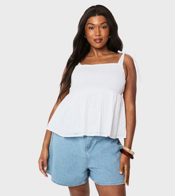 Curve Shirred Broderie Tie Shoulder Smock Top