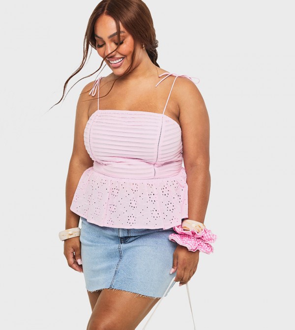Curve Pleated Broderie Peplum Cami Top