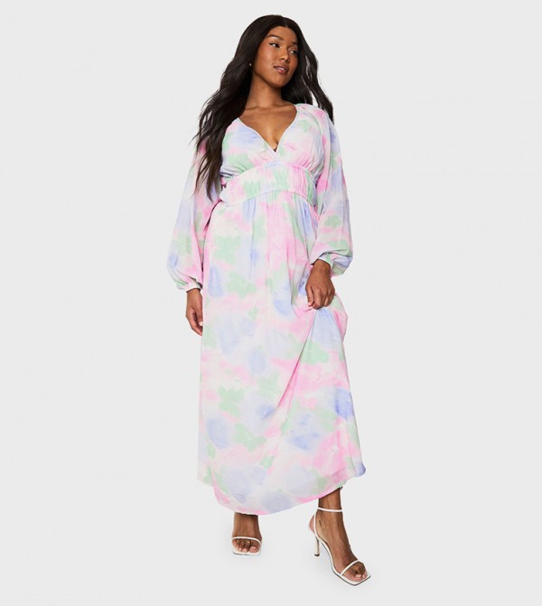 Curve Floral Chiffon Ruffle Volume Sleeves Maxi Dress