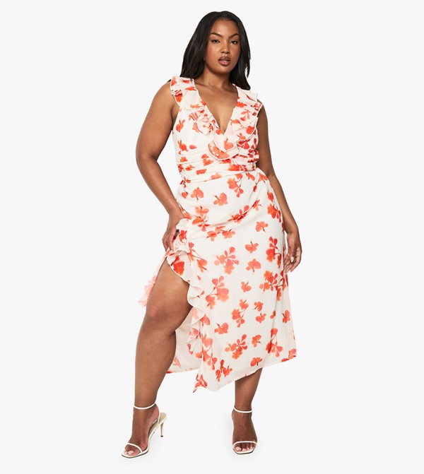 Curve Floral Chiffon Ruffled Wrap Dress