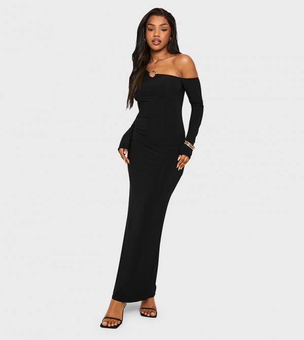 Slinky Asymmetric Gold Trim Detail Maxi Dress