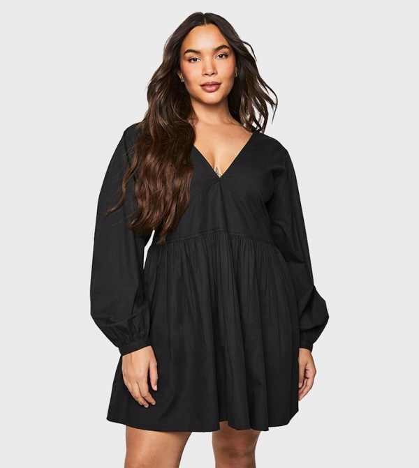 Curve Cotton Poplin Blouson Sleeves Smock Dress