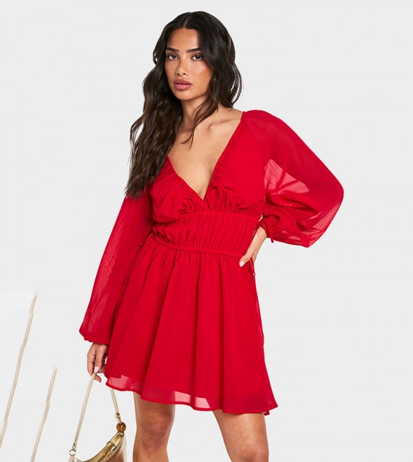 Petite Chiffon Tie Waist Balloon Sleeves Mini Dress