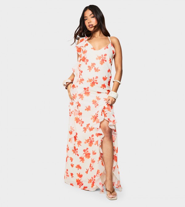 Petite Floral Print Cowl Neck Backless Maxi Dress