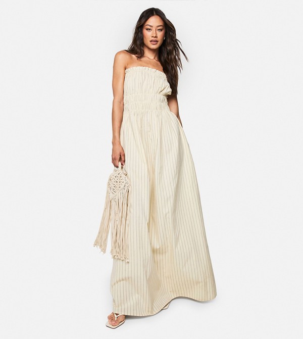 Tall Striped Strapless Shirred Maxi Dress