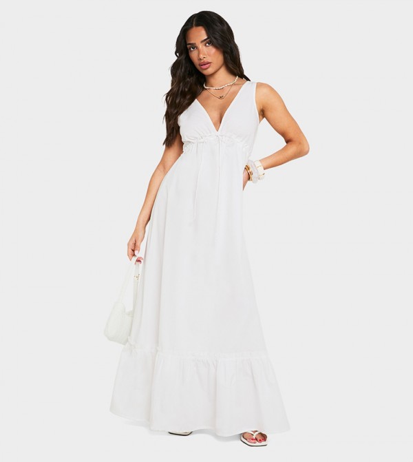 Petite Poplin Ruched Tiered Maxi Dress