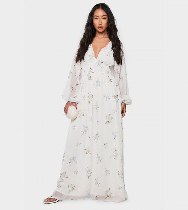 Floral Printed Bishop Sleeves Ruched Waist Maxi Dress