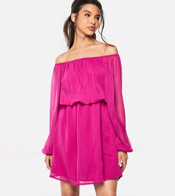 Chiffon Bardot Sleeves Mini Dress