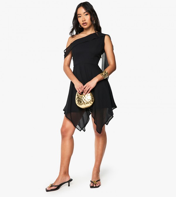 Asymmetric Chiffon Tie Detail Hanky Hem Mini Dress