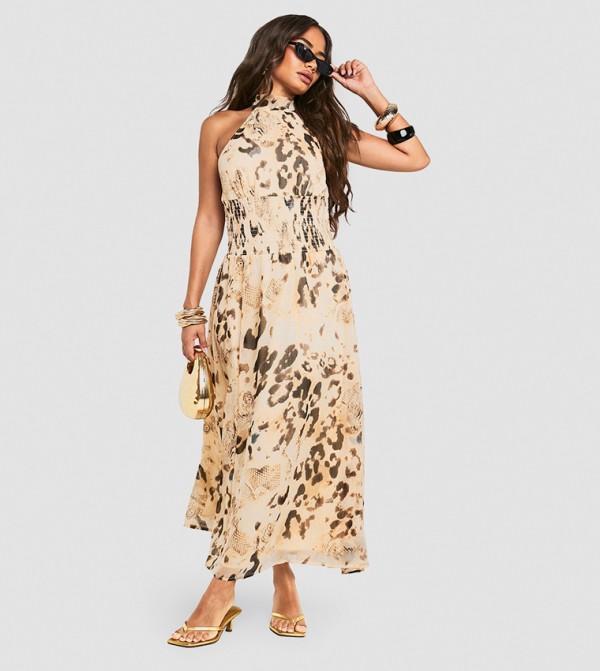Leopard Chiffon Shirred Halterneck Midaxi Dress