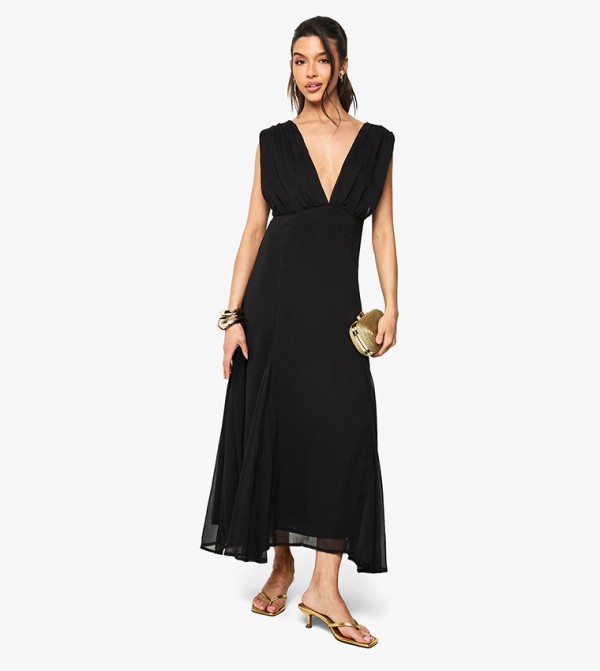 Chiffon Plunge Neck Split Detail Midaxi Dress
