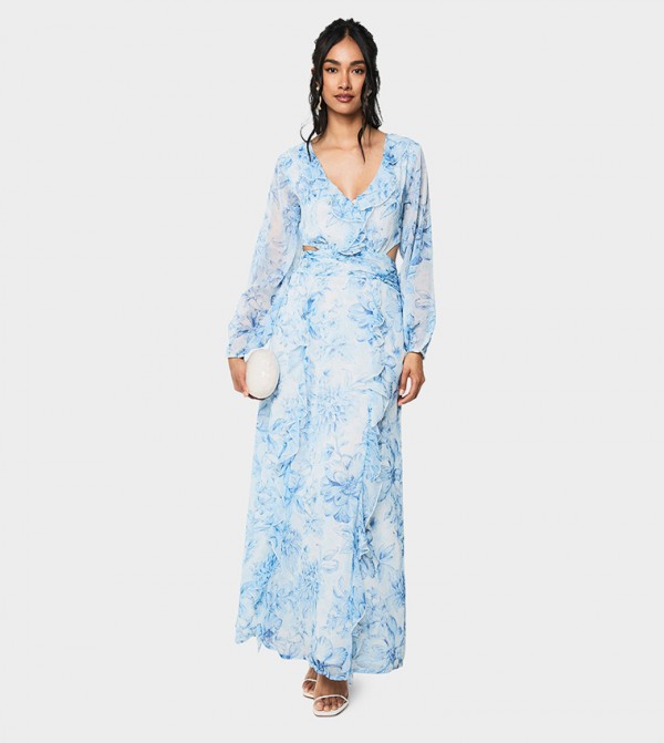 Floral Print Chiffon Volume Sleeves Maxi Dress
