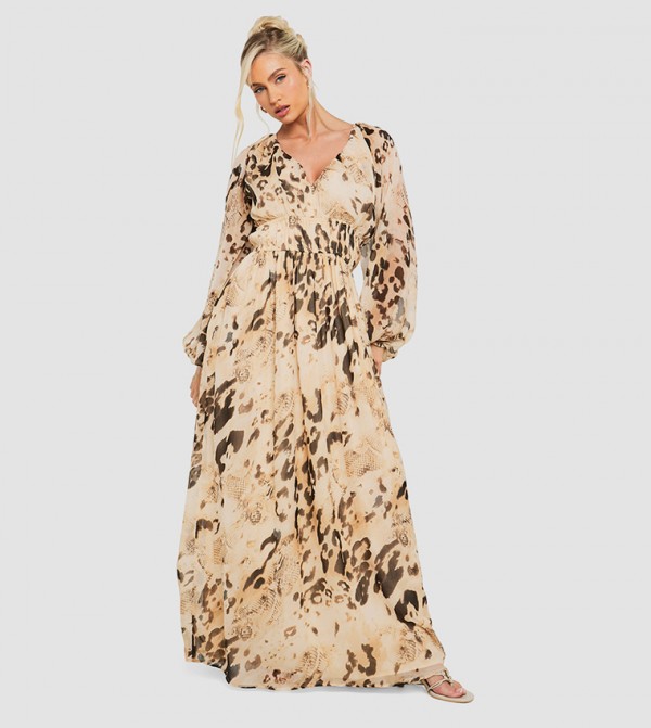 Animal Printed Chiffon Ruched Waist Maxi Dress