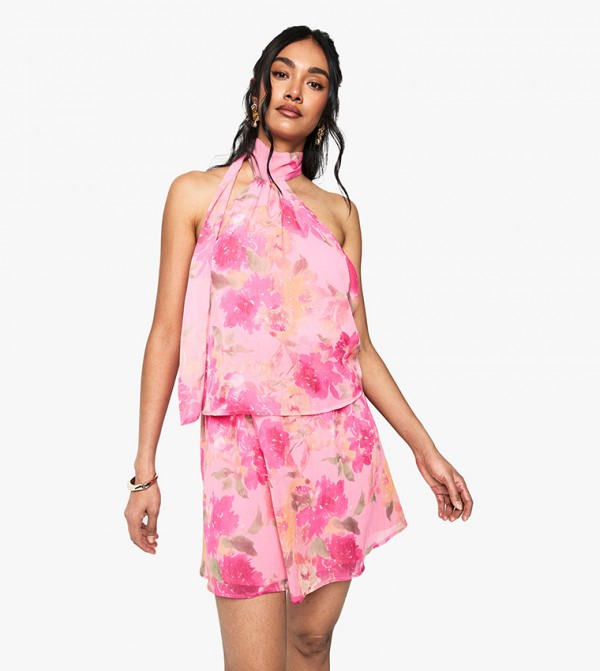 Floral Chiffon Scarf Detail Mini Dress