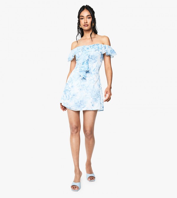 Floral Off-Shoulder Ruffled Detail Godet Mini Dress