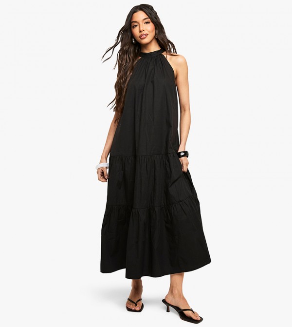 Cotton Poplin High Neck Tiered Smock Dress