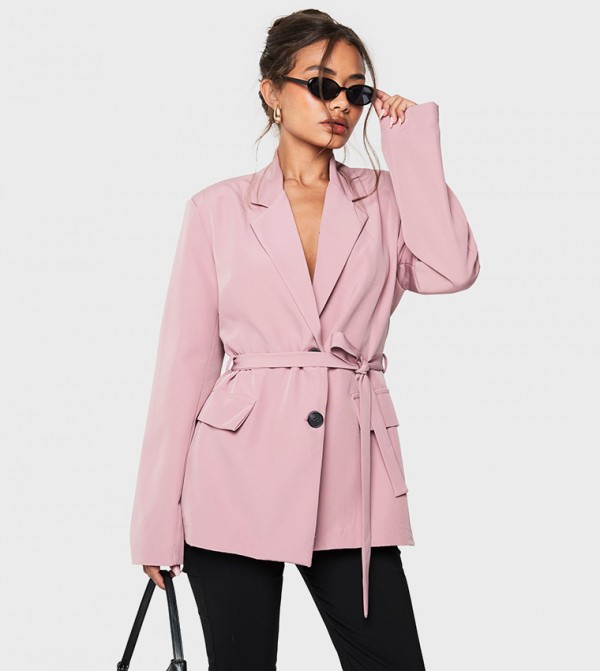 Contrast Button Detail Belted Blazer