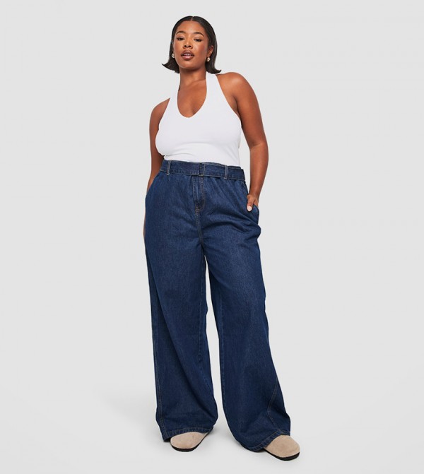 Curve Buckle Belt Elasticated Back Wide Leg Jeans