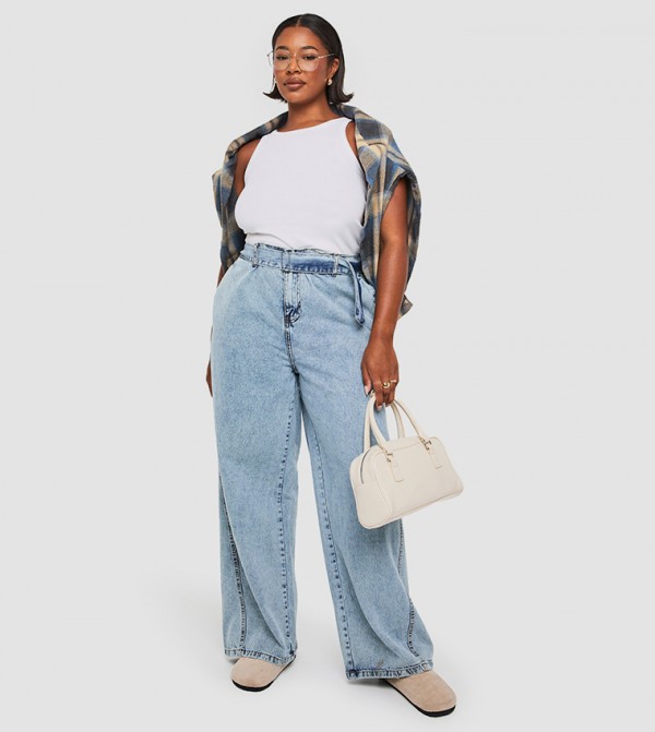 Curve Buckle Belt Elasticated Back Wide Leg Jeans