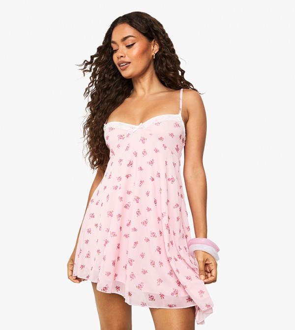 Ditsy Floral Lace Trim Mesh Swing Dress