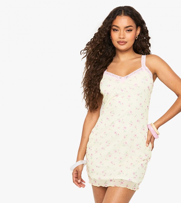 Ditsy Floral Contrast Lace Trim Mesh Slip Dress