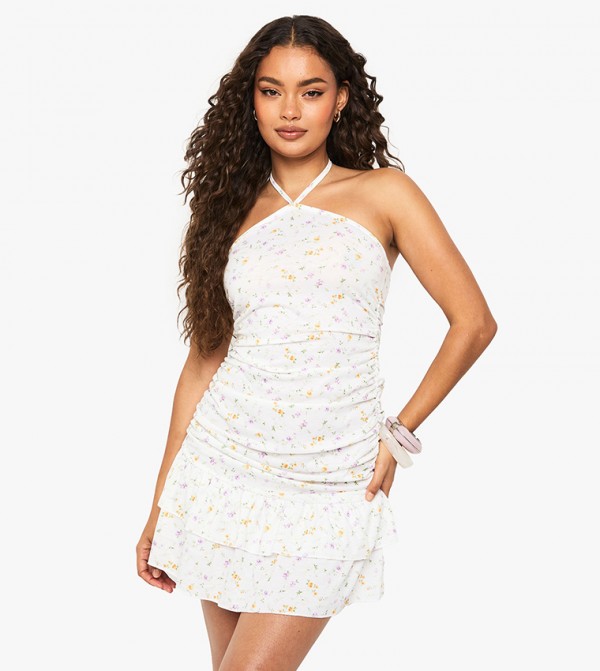 Ditsy Floral Ruched Halterneck Mini Dress