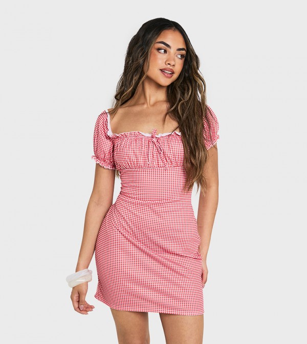 Gingham Patterned Puff Sleeves Smock Mini Dress