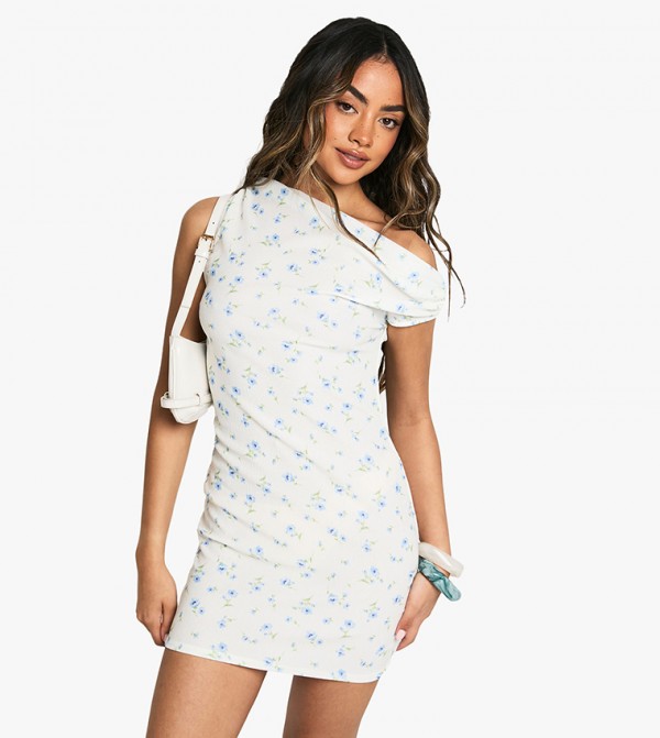 Floral Asymmetric Neck Mini Dress