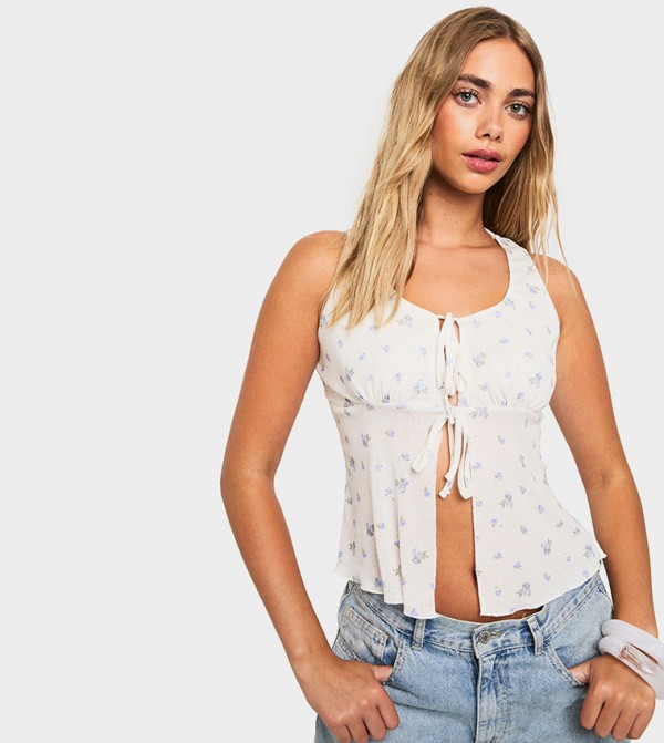 Ditsy Printed Tie Front Top