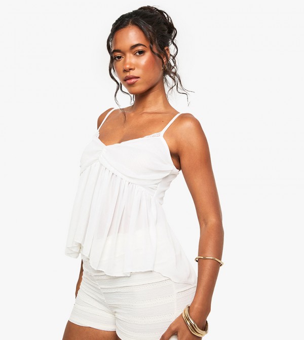 Lace Trim Mesh Peplum Cami Top