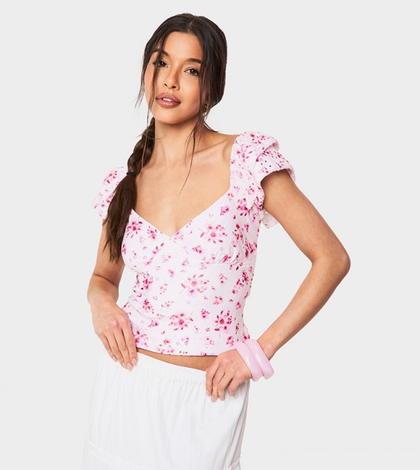 Printed Broidery Frill Sleeves Crop Top