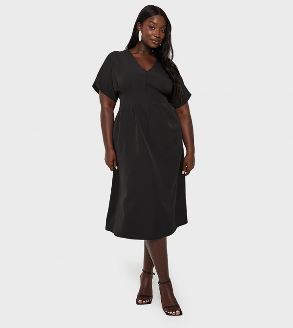 Curve Dropped Shoulder Pleated Midi Dress