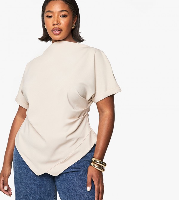 Curve High Neck Ruched Asymmetric Top