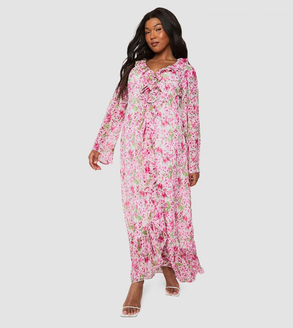 Curve Floral Chiffon Rose Detail Maxi Dress