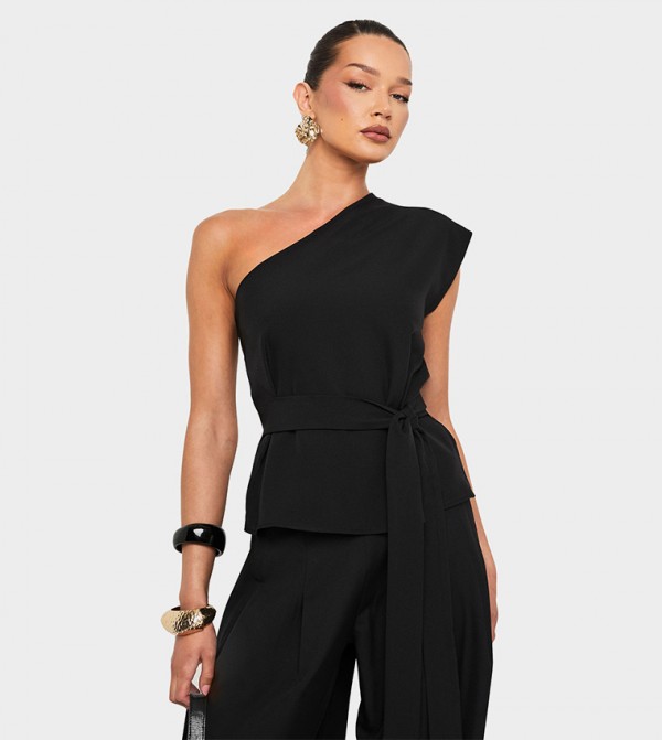 Solid One Shoulder Belted Top