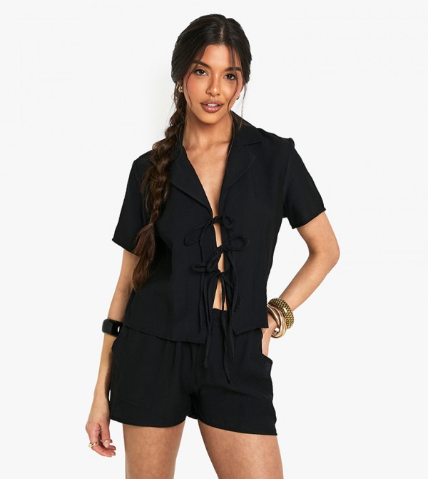 Linen Look Short Sleeves Crop Shirt