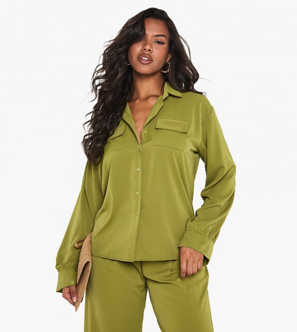 Woven Pocket Long Sleeves Oversized Shirt