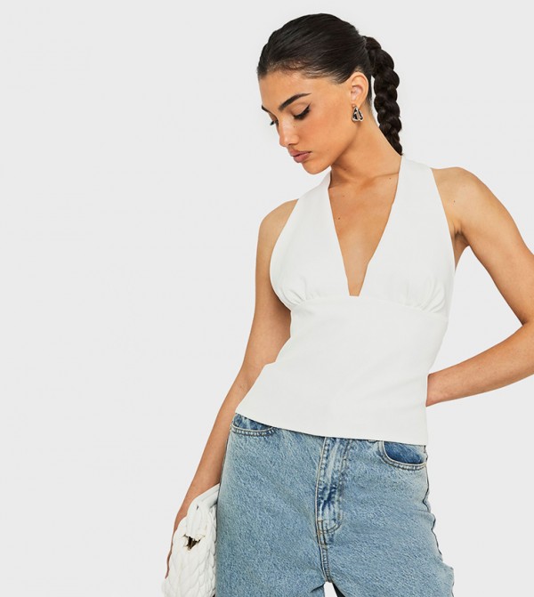 Solid Bust Detail Halterneck Top