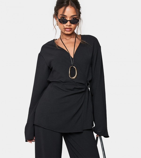 Wrap Tie Detail Long Sleeves Top
