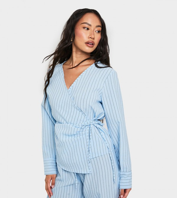 Striped Wrap Tie Detail Long Sleeves Top