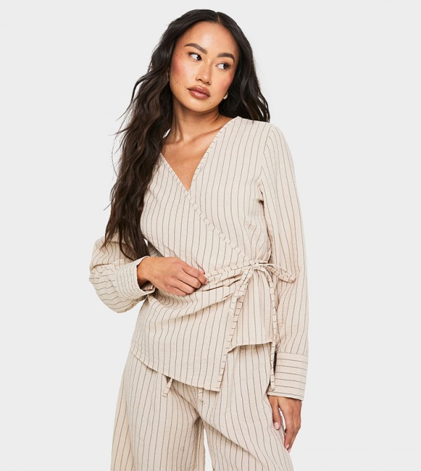 Striped Wrap Tie Detail Long Sleeves Top