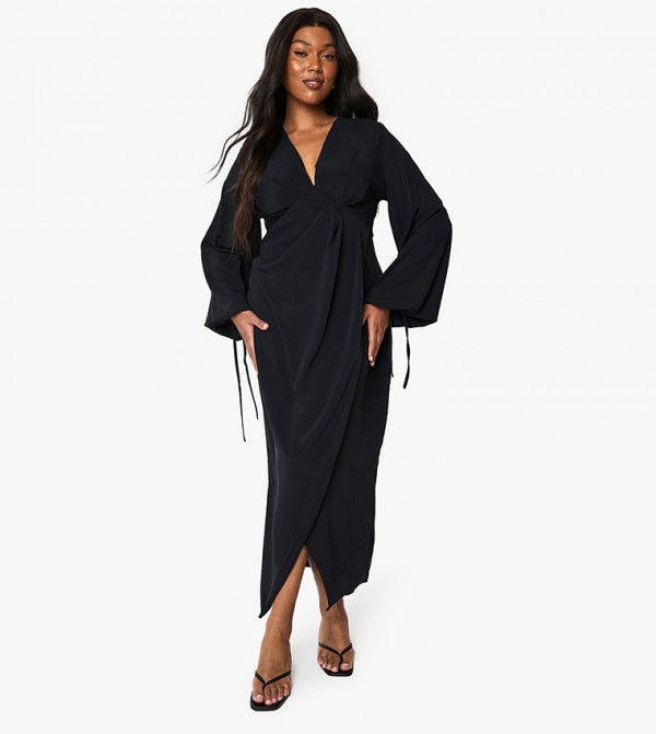 Curve Wrap Blouson Sleeves Maxi Dress