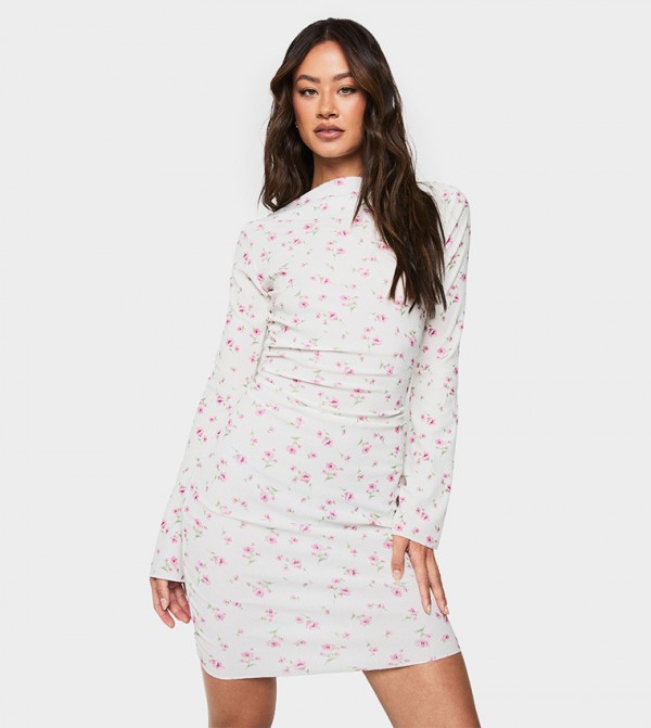Tall Floral Print Draped Neck Mini Dress